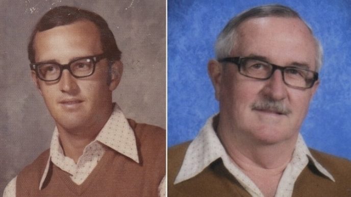 Dale Irby in 1973 (left) when his streak began, and in 2012, when the last of his 40 wonderful school photos was taken.